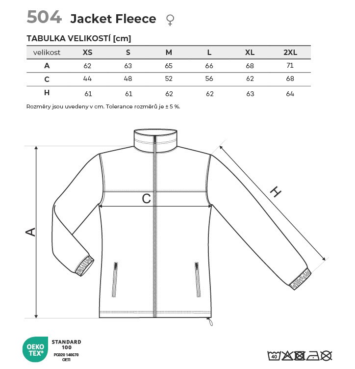 504 Jacket fleece dámský Tabulka velikostí